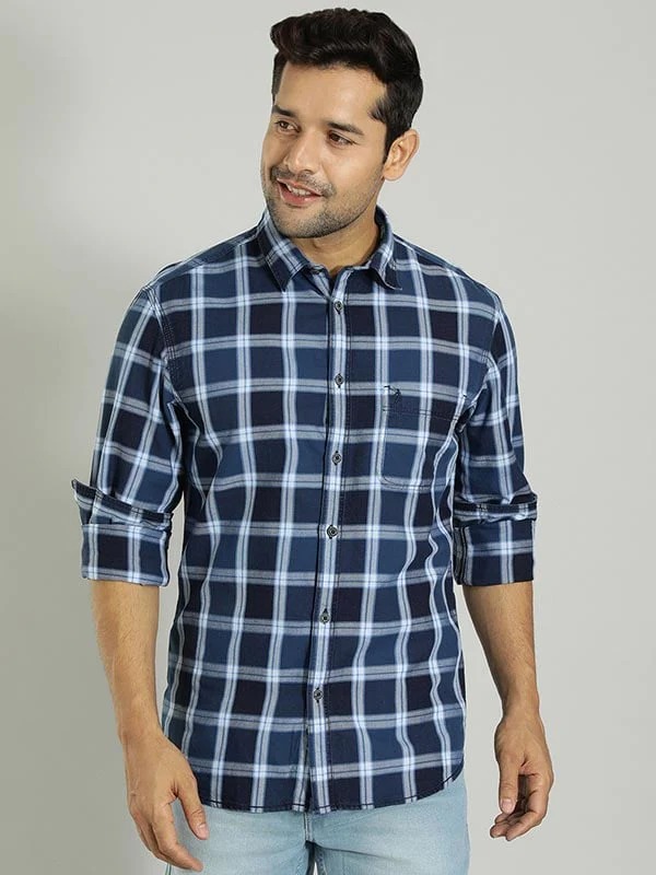 Indian Terrain Men's Slim Fit Full Sleeve Checkered Blue Shirt